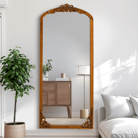 69"x30" Classic Arch-Top Wood Framed Brown Full-length Floor Mirror Bathroom Vanity Mirror for Bedroom Entryway, Living/Dressing Room