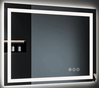 This tempered glass bathroom mirror with anti-fog and anti-break features offers a rectangular frame for wall-mounted use. Featuring a metal fram (S1R12176UL48"x30": S1R19591UL77"x36")