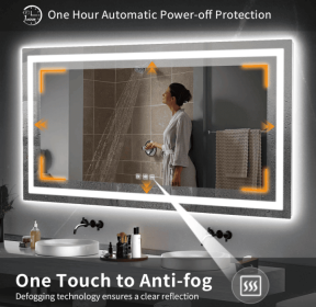 This tempered glass bathroom mirror with anti-fog and anti-break features offers a rectangular frame for wall-mounted use. Featuring a metal fram (S1R12176UL48"x30": S1R12176UL48"x30")